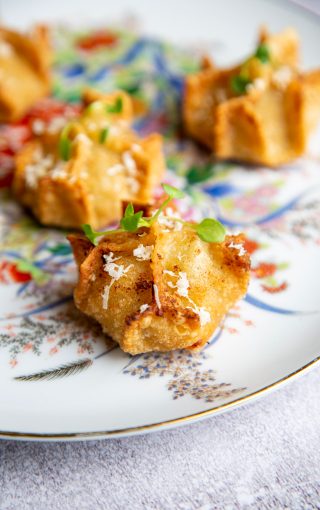 Finely crafted and folded dumpling on an ornate beautiful painted plate with gold rim